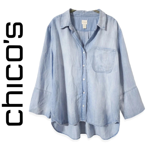 Chico's Tops - CHICOS Single Pocket Soft Denim Button Down Shirt, 100% Lyocell, Oversized, 2/L